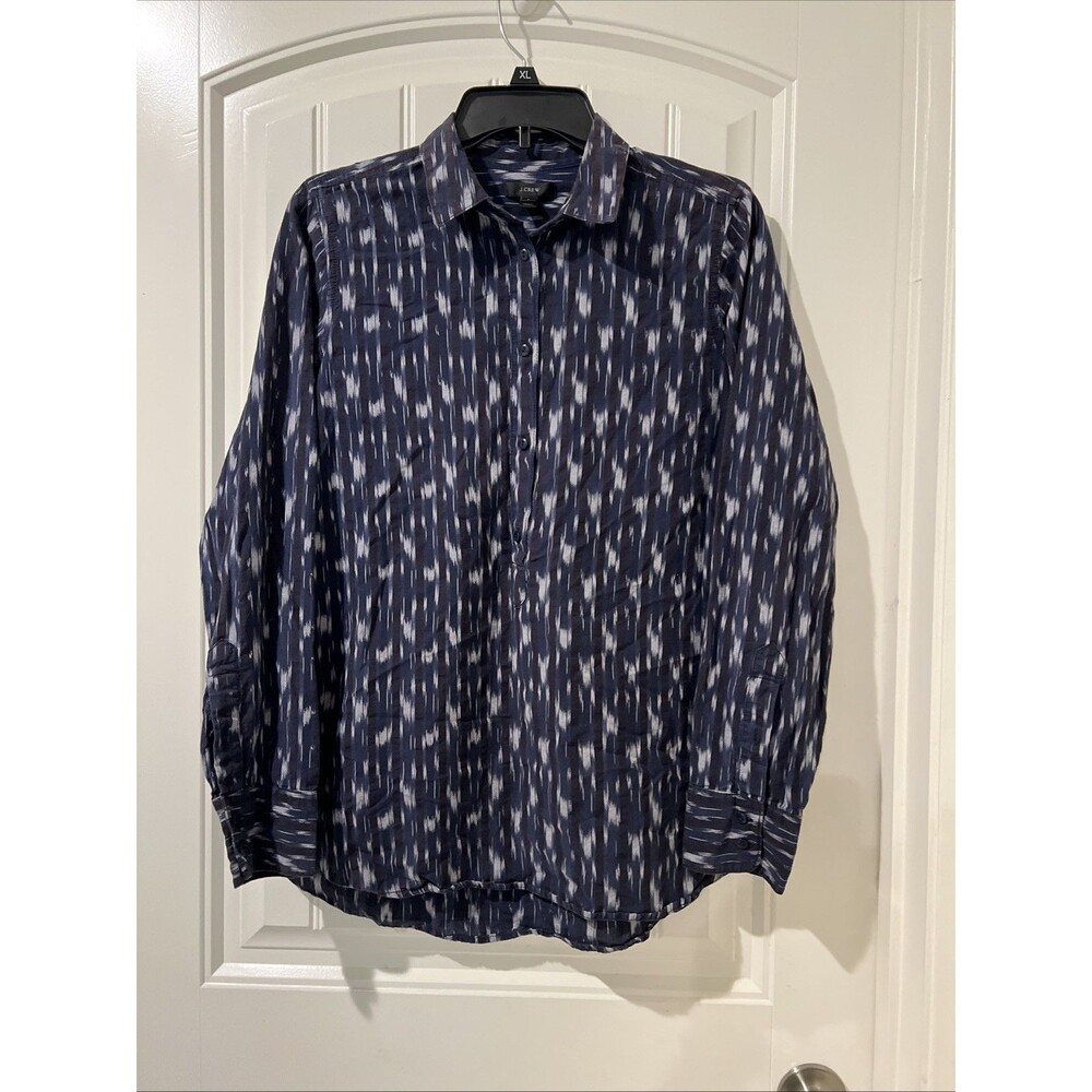 J CREW Metallic Striped Side Ikat Print Popover Shirt Blouse Navy Blue Size 8